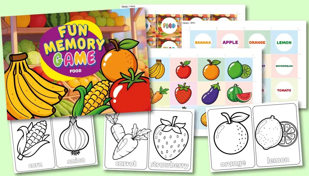 Jogo da Memória Bilingue para crianças. Tema: FOOD