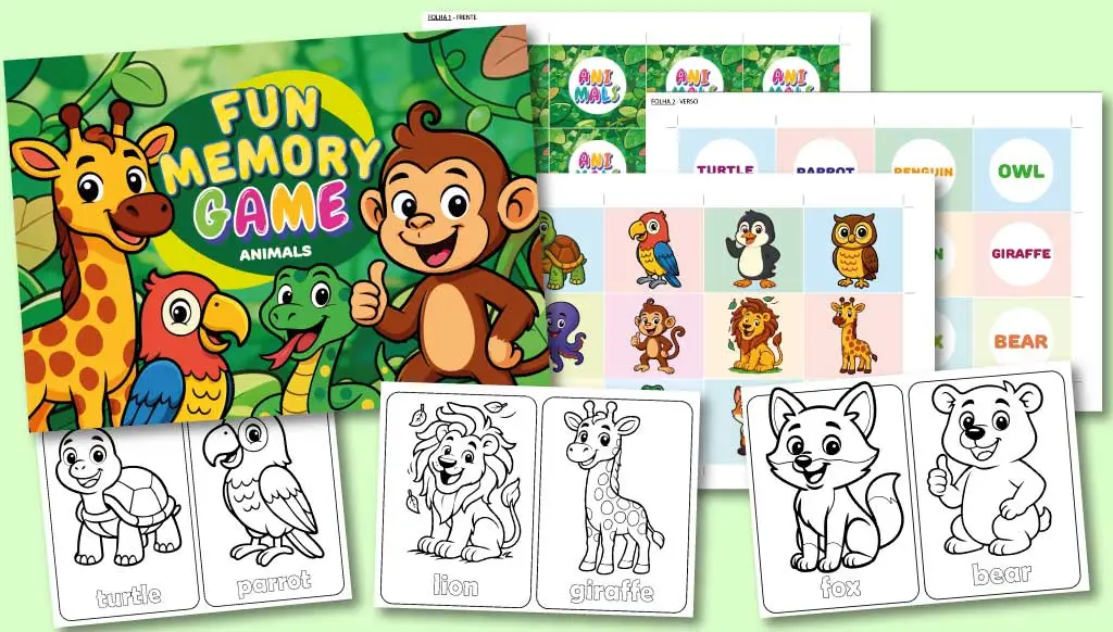 English Roadmap: Inglês para crianças. Jogo da Memória com o tema ANIMALS